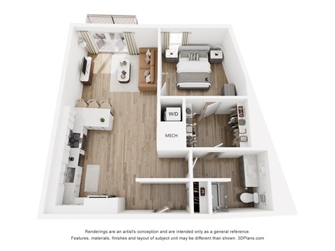 Floor plan for 1 bed, 1 bath, 876 sqft
